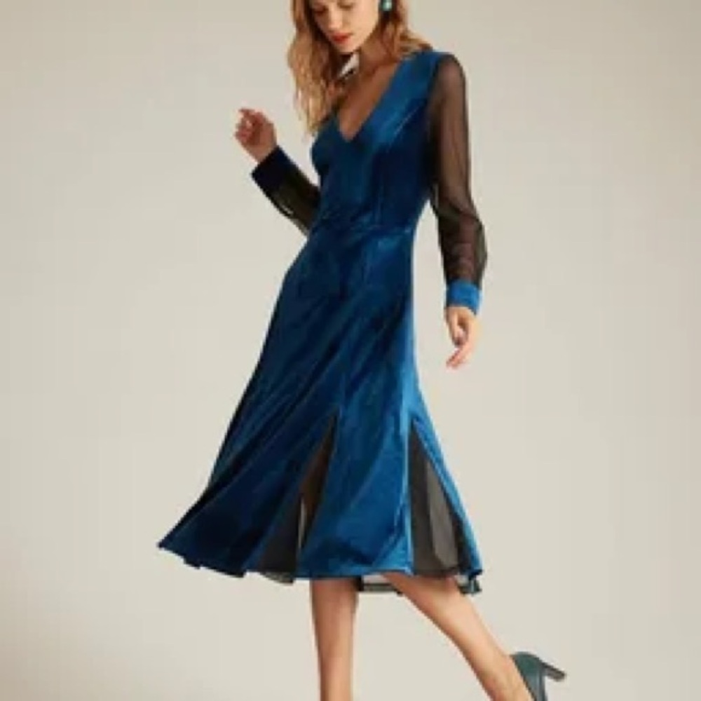 Deep V Blue Velvet Dress with mesh cutouts
